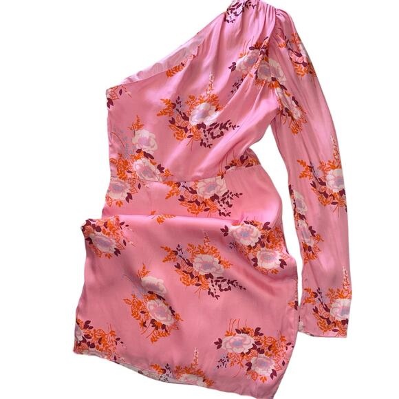 Les Reveries One Sleeve Pink Satin Floral Print Mini Dress size 0 - Picture 7 of 15